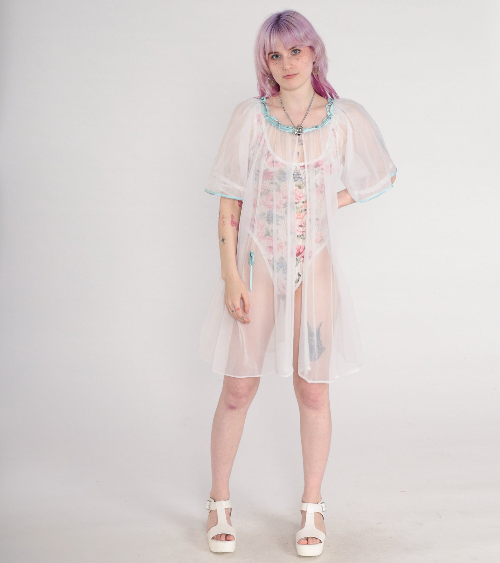 80s White Sheer Nylon Lingerie Robe Puff Sleeve Open Front Medium Large