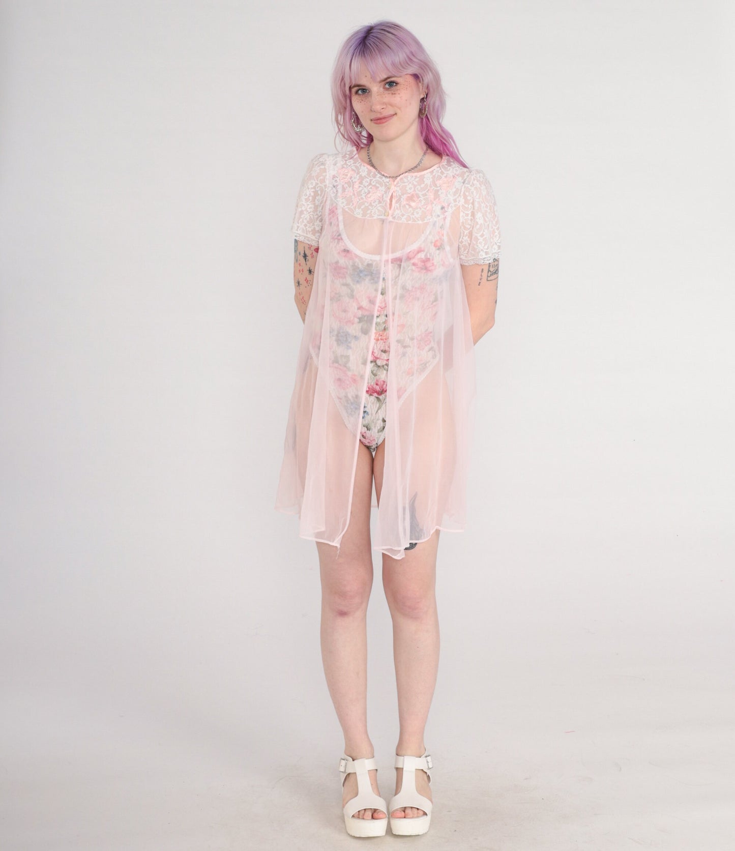 70s Baby Pink Sheer Nylon Lingerie Robe Lace Puff Sleeve Small
