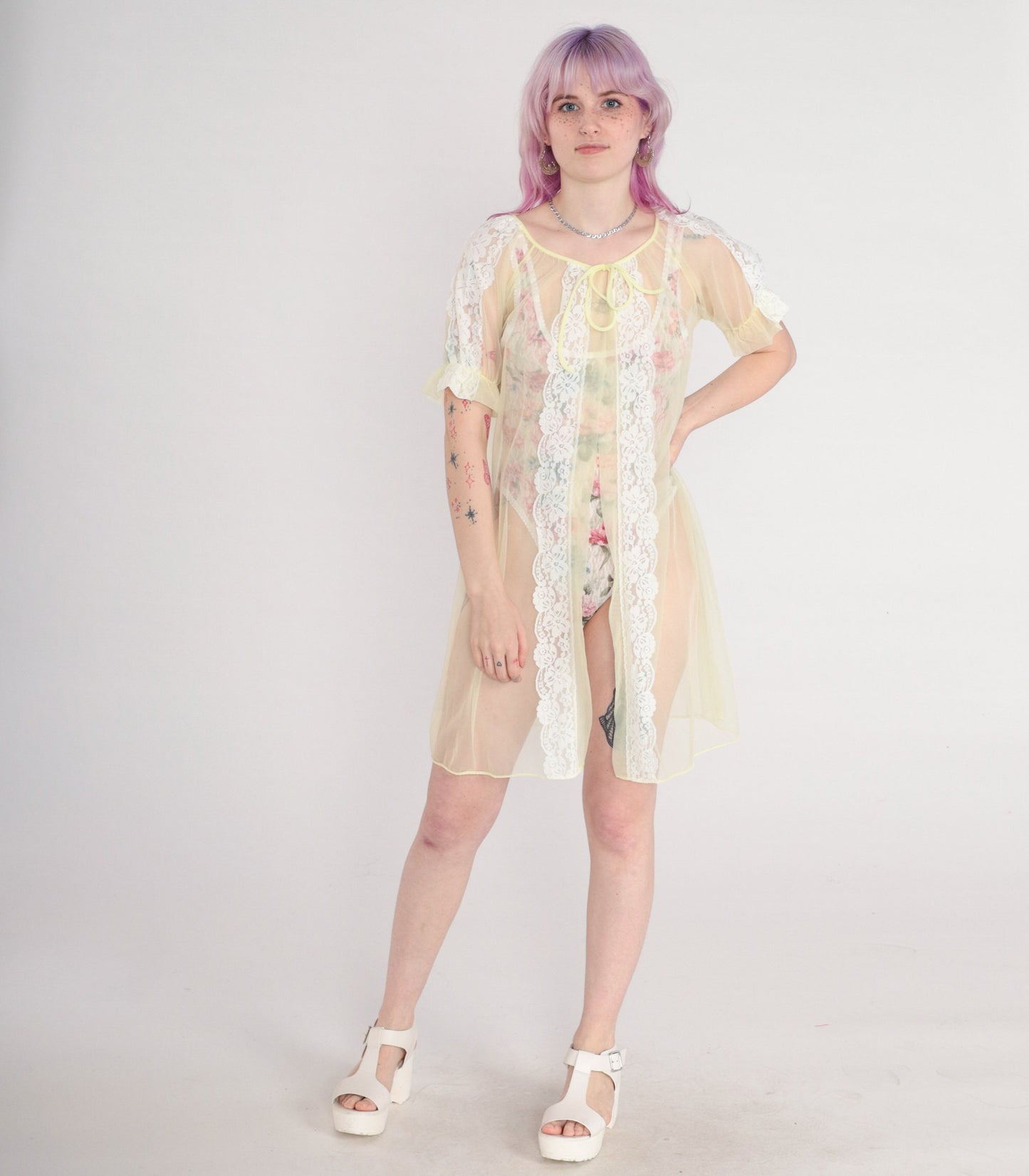 70s Yellow Sheer Nylon Lace Lingerie Robe Kimono Small
