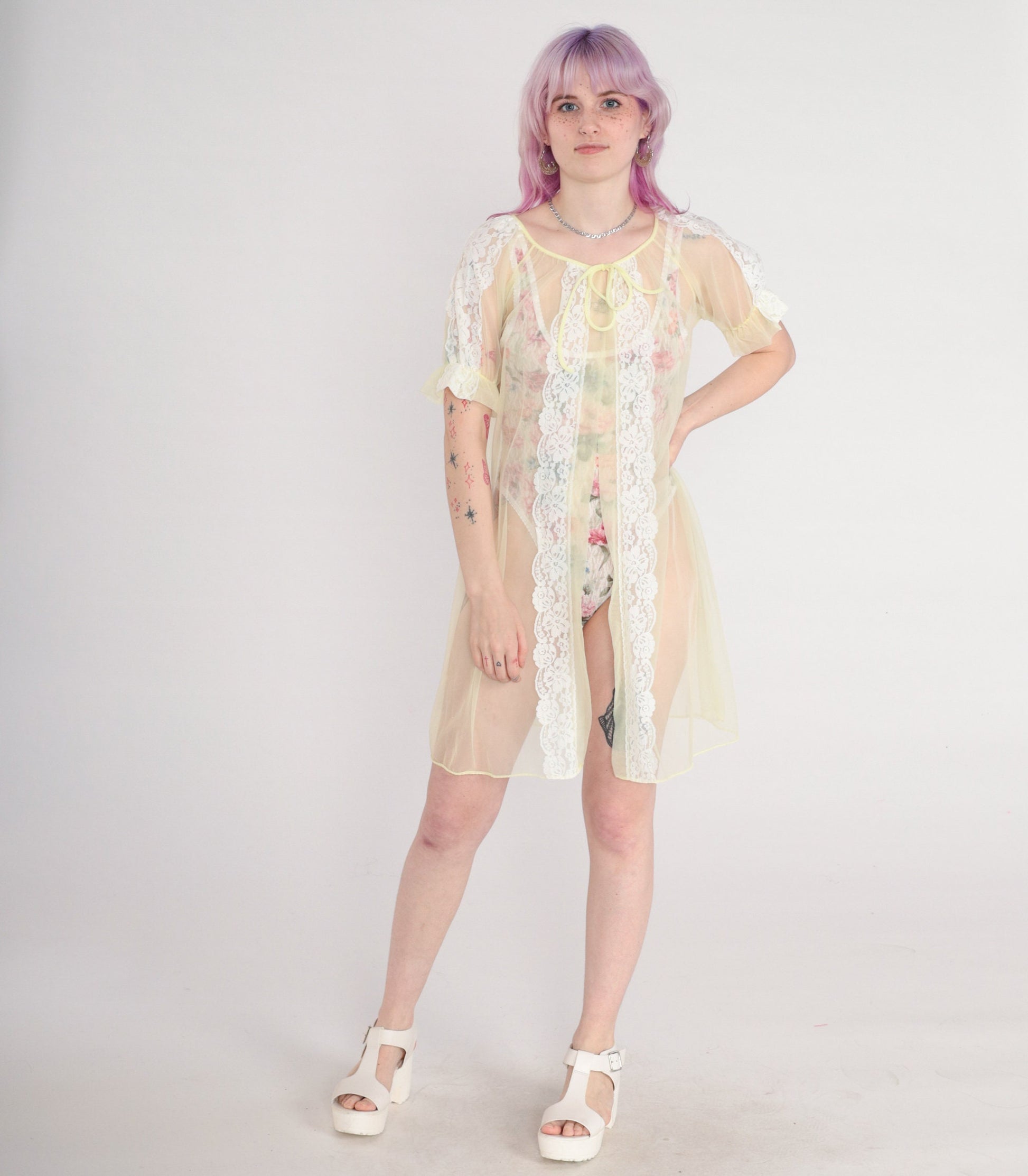 70s Yellow Sheer Nylon Lace Lingerie Robe Kimono Small