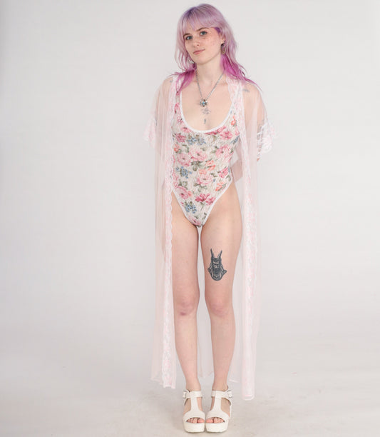 70s Baby Pink Sheer Nylon Maxi Robe Lace Trim Open Front Large L