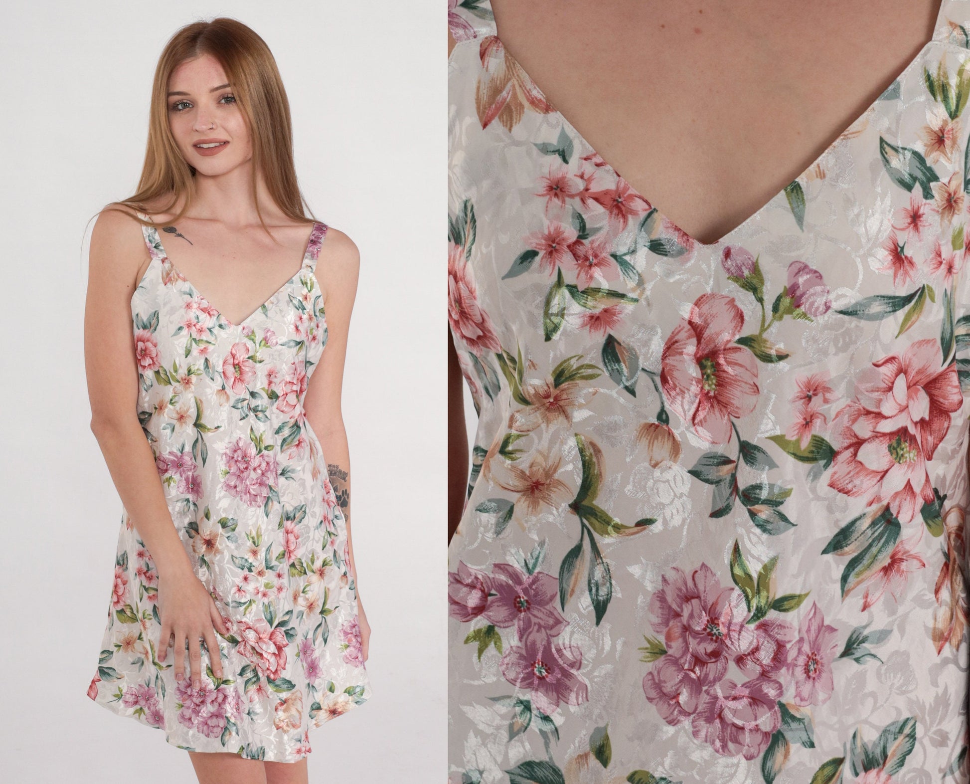 90s Floral Embossed Leaf Slip Dress Mini Chemise White Pink Medium