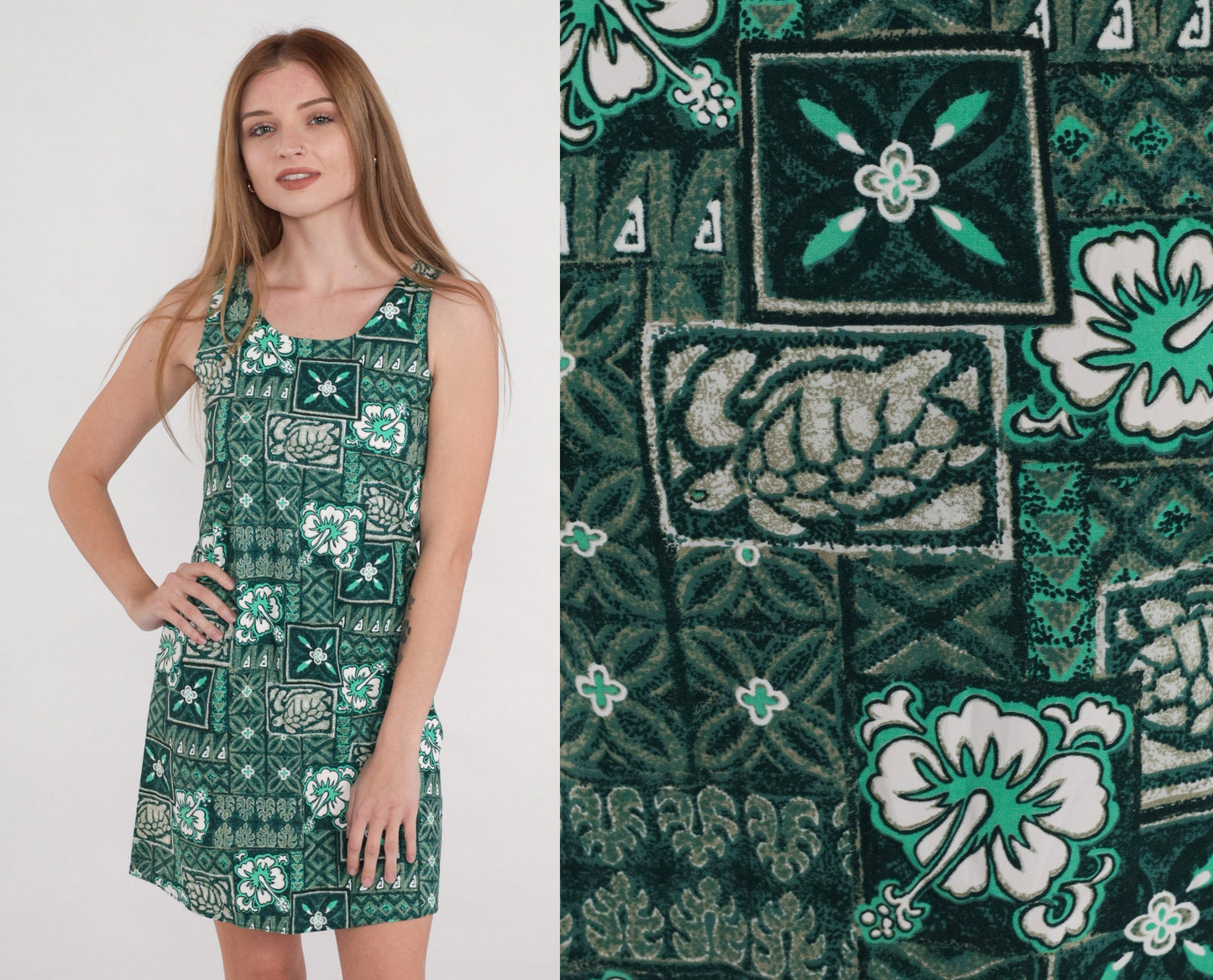 90s Tropical Mini Dress Green Turtle Hibiscus Cotton Sleeveless XS