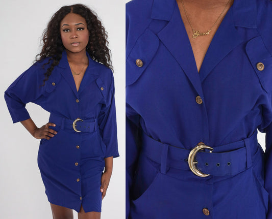 90s Purple Mini Dress Button-Up Sheath Dolman Sleeve Belted Medium