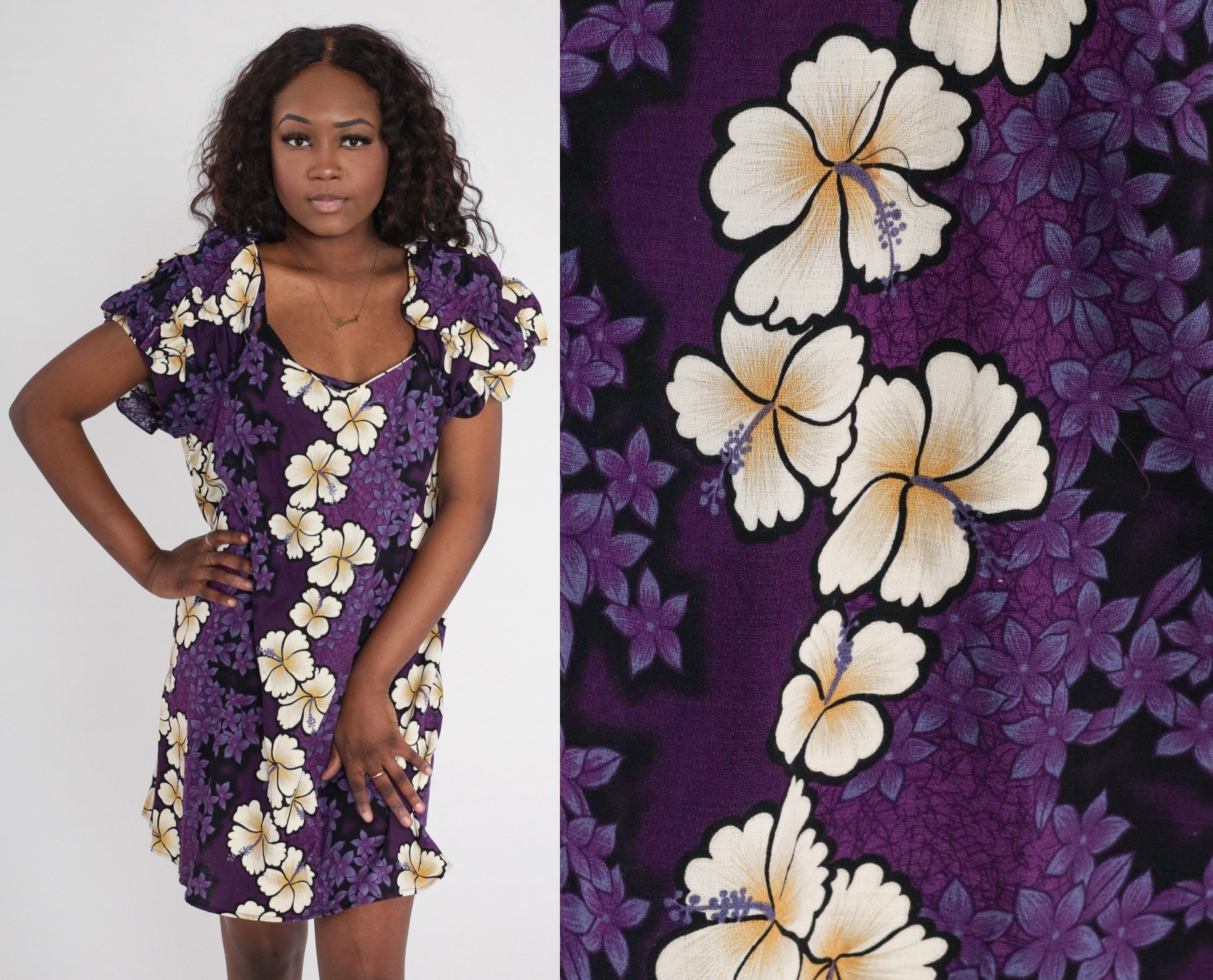 Y2K Purple Tropical Floral Mini Dress Ruched Sleeve Sheath Large L