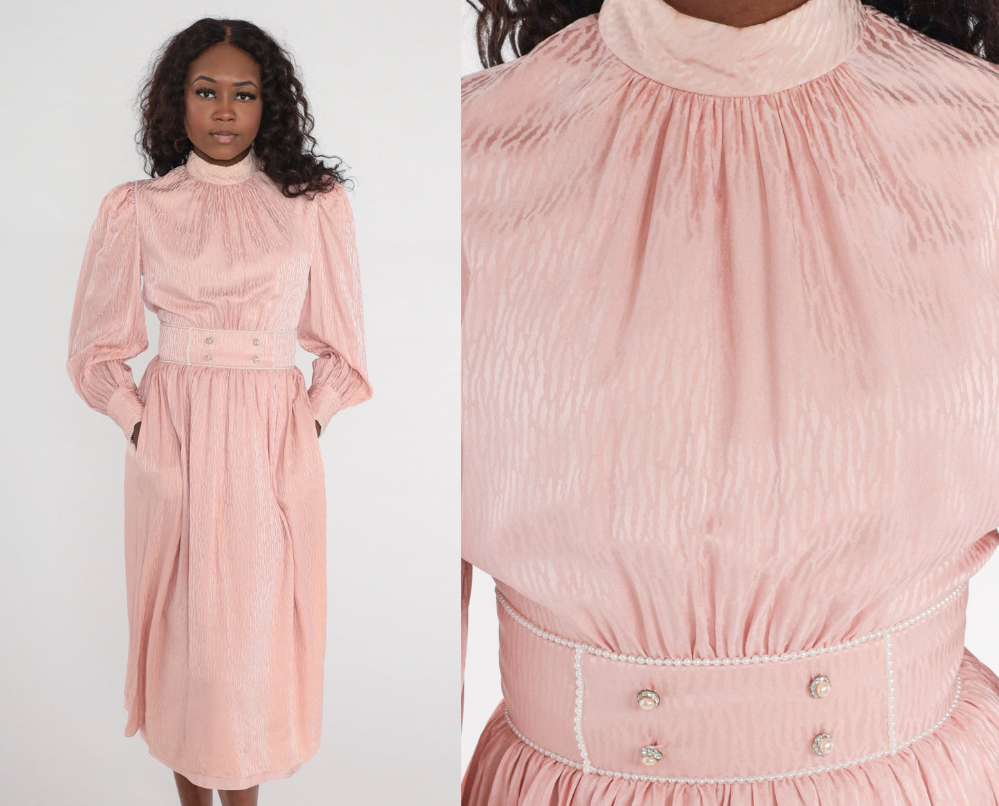 80s Diane Dickenson Saks Fifth Ave Baby Pink Midi Dress Puff Sleeve Small