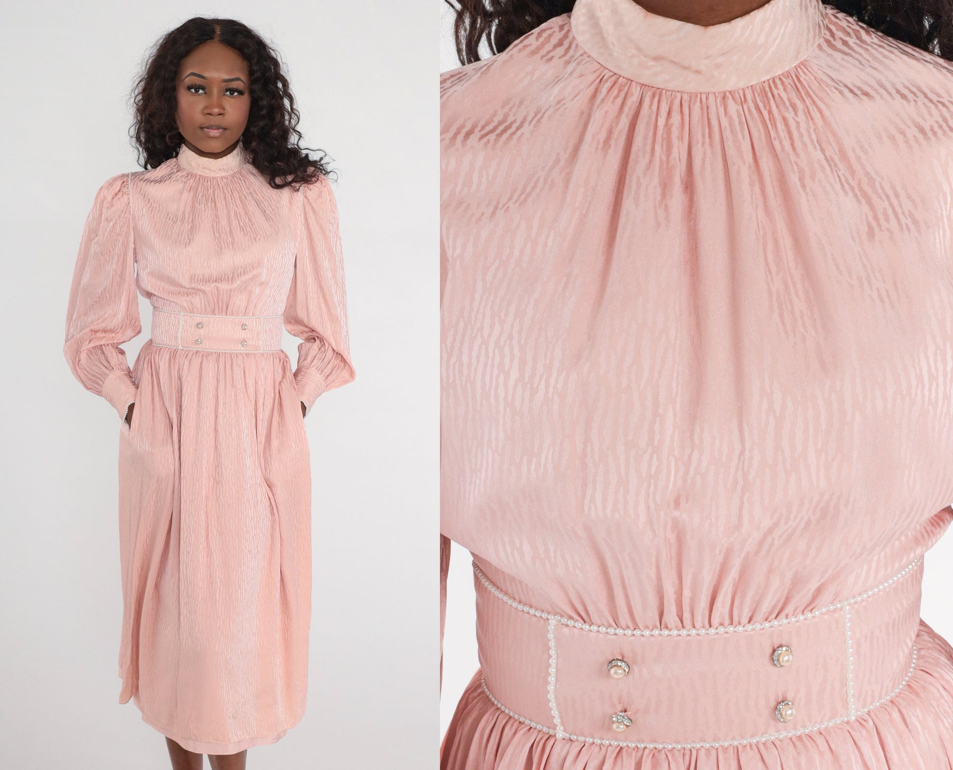 80s Diane Dickenson Saks Fifth Ave Baby Pink Midi Dress Puff Sleeve Small
