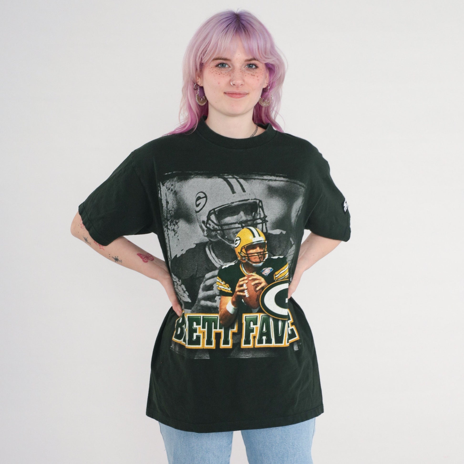 90s Brett Favre Green Bay Packers Starter Football T-Shirt Black Medium