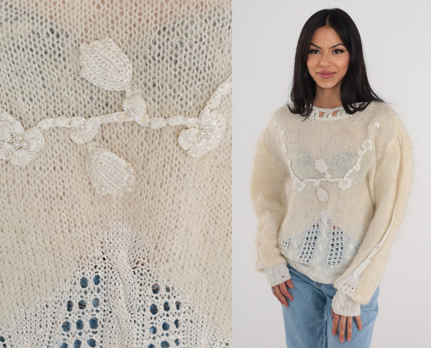 80s Cream Mohair Floral Sweater Pearl Beaded Cable Knit Cutout Pullover Large L