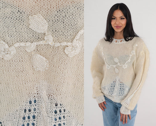 80s Cream Mohair Floral Sweater Pearl Beaded Cable Knit Cutout Pullover Large L