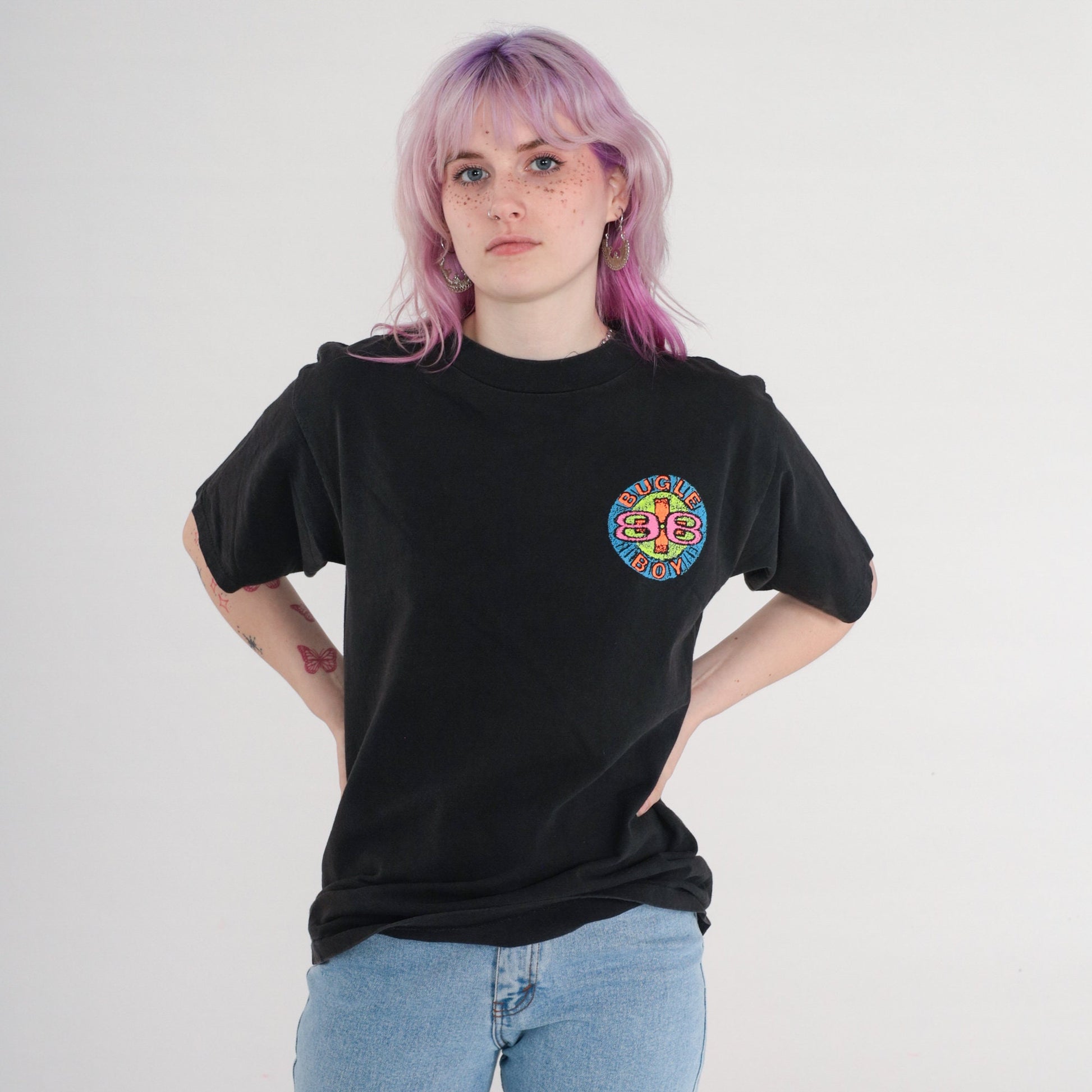 90s Bugle Boy Neon Spellout Graphic T-Shirt Black Cotton Medium