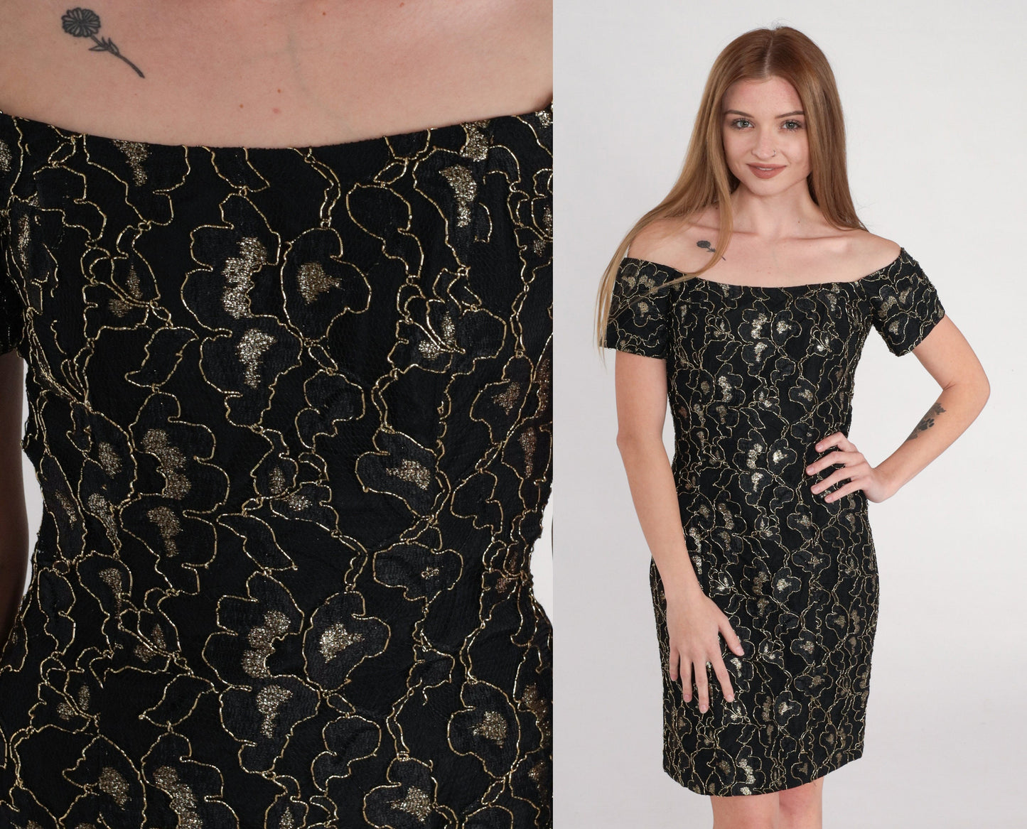 90s Black Metallic Gold Floral Off-Shoulder Mini Dress Extra Small XS