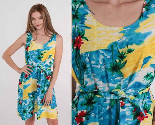 00s Blue Hawaiian Tropical Floral Mini Dress Sleeveless Tie Belt Small S