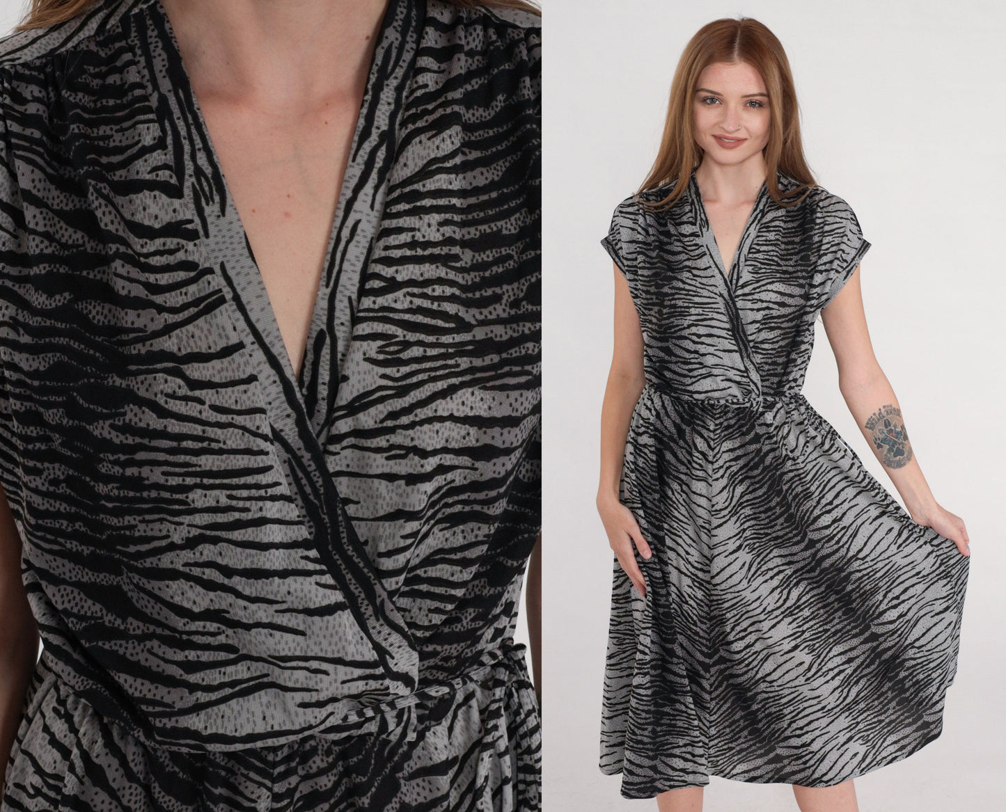 70s Tiger Print Midi Dress Grey Black Faux Wrap Cap Sleeve V Neck Small Medium