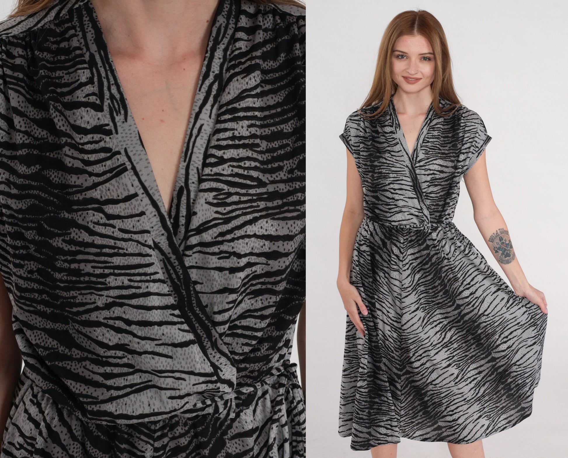 70s Tiger Print Midi Dress Grey Black Faux Wrap Cap Sleeve V Neck Small Medium