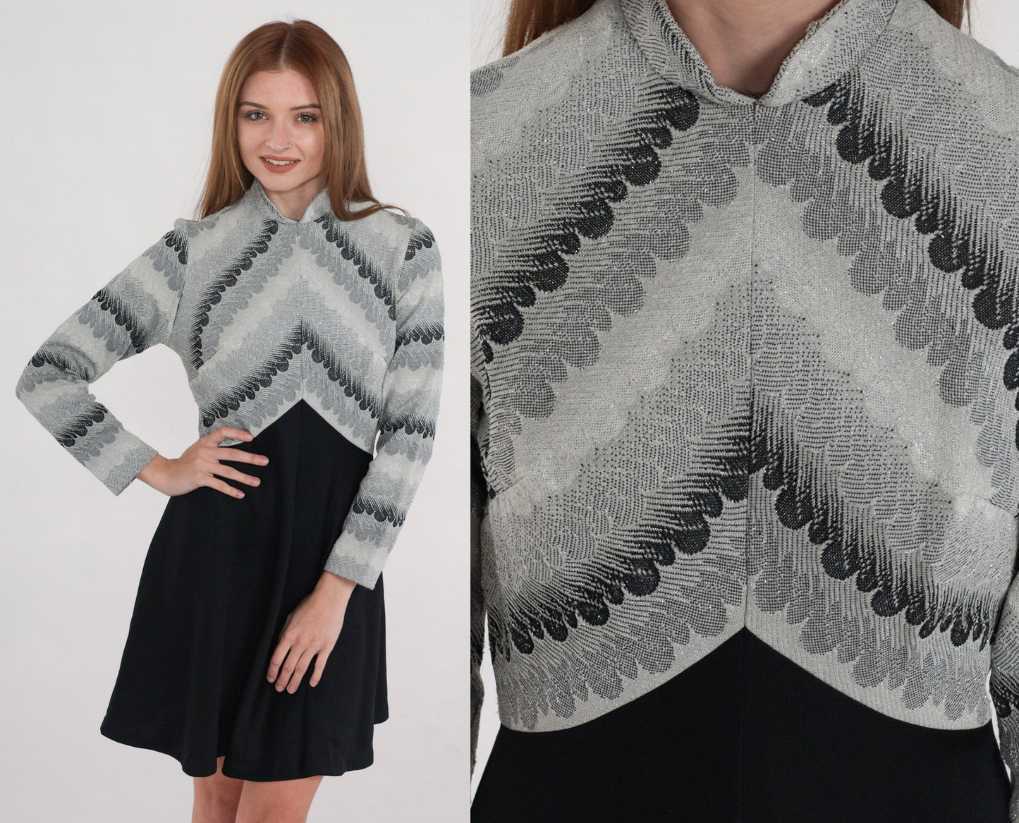 70s Metallic Striped Babydoll Mini Dress Black Grey Empire Waist Long Sleeve Small