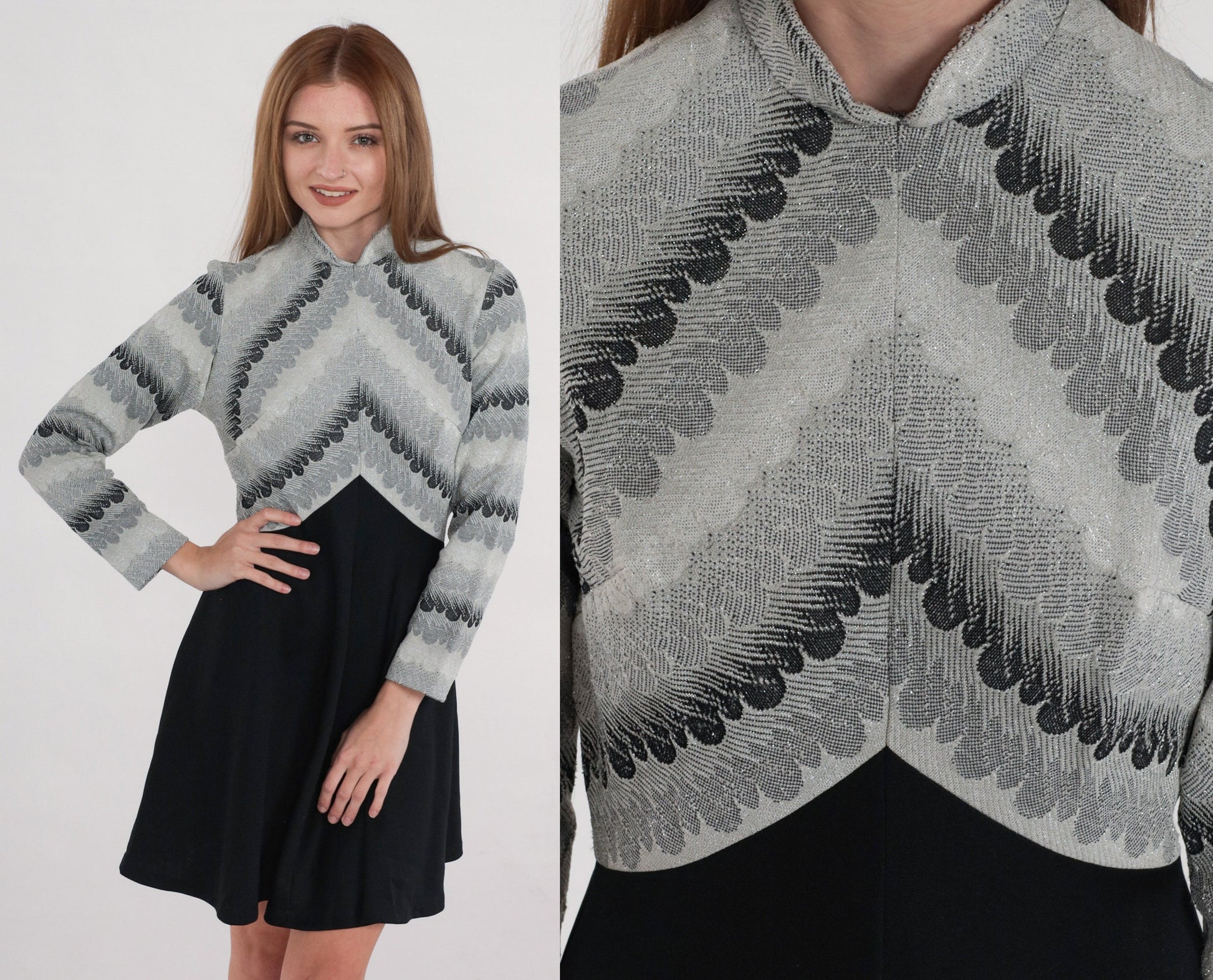 70s Metallic Striped Babydoll Mini Dress Black Grey Empire Waist Long Sleeve Small