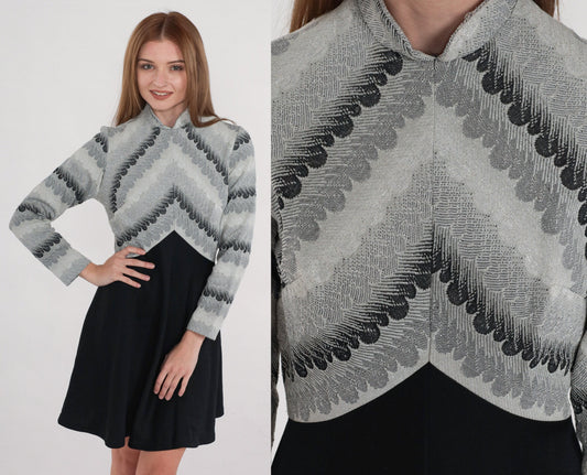 70s Metallic Striped Babydoll Mini Dress Black Grey Empire Waist Long Sleeve Small