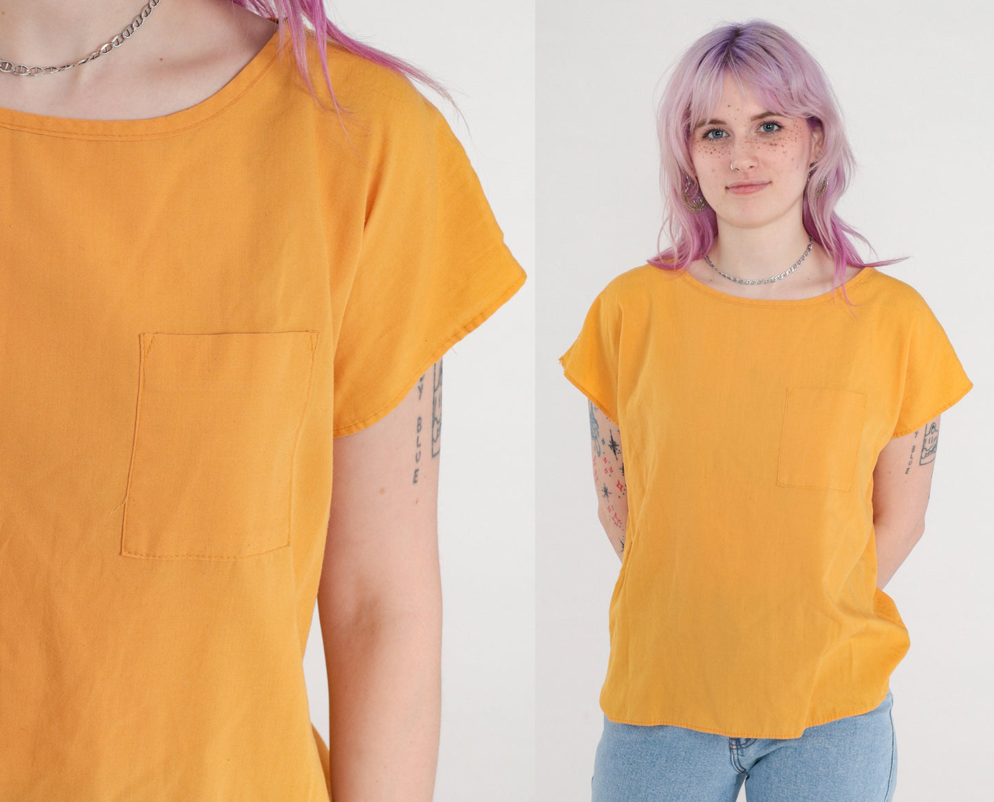 90s Mustard Yellow Cap Sleeve Blouse Pocket Top Medium