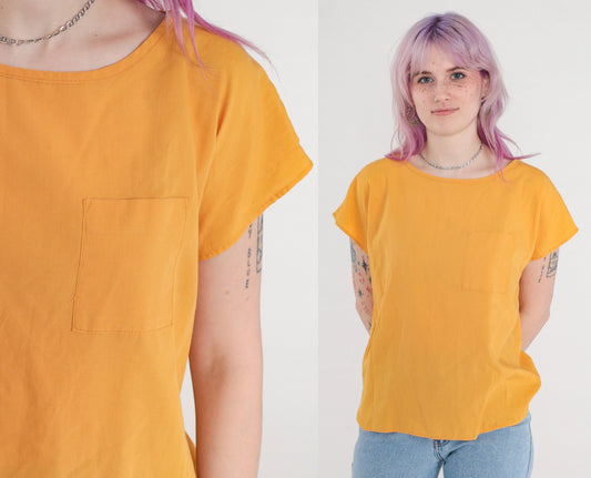 90s Mustard Yellow Cap Sleeve Blouse Pocket Top Medium