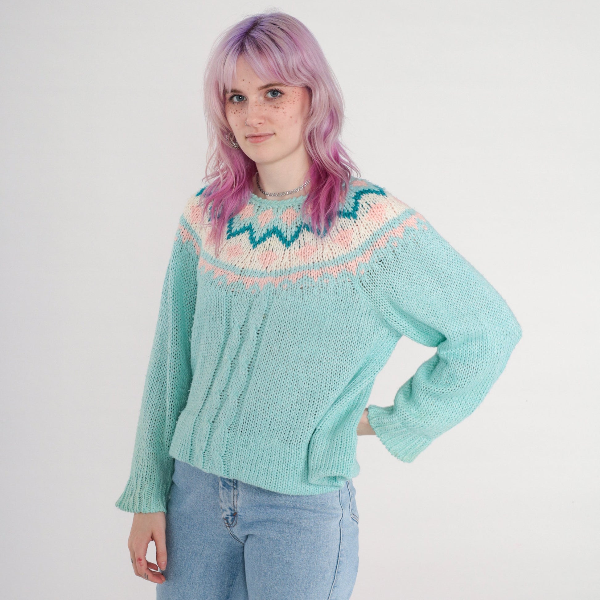 90s Hunters Glen Fair Isle Cable Knit Sweater Blue Pastel Large L