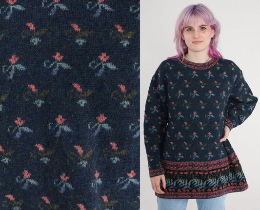 00s Floral Knit Sweater Navy Blue Icelandic Design Wool Crewneck Large L