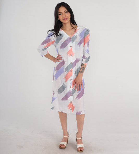 80s Brushstroke Print Shirt Dress Puff Sleeve Button-Up Knee-Length White Small S