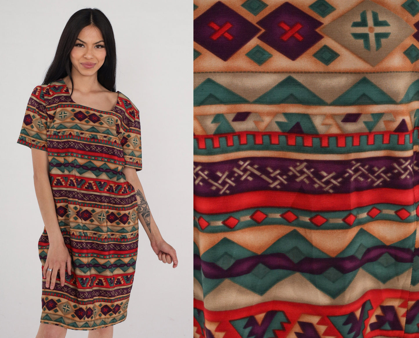 Y2K Geometric Striped Mini Dress Short Sleeve Shift Brown Red Green Large 12