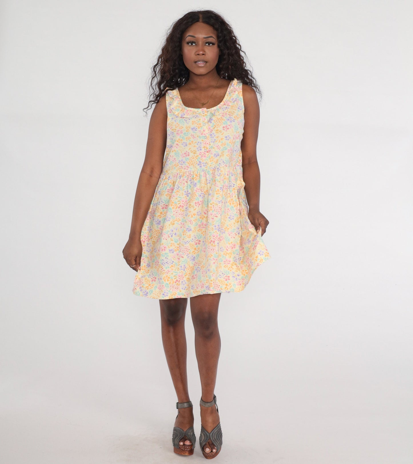 90s Pastel Floral Mini Dress High Waist Button Up Sleeveless Large L