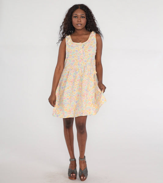 90s Pastel Floral Mini Dress High Waist Button Up Sleeveless Large L