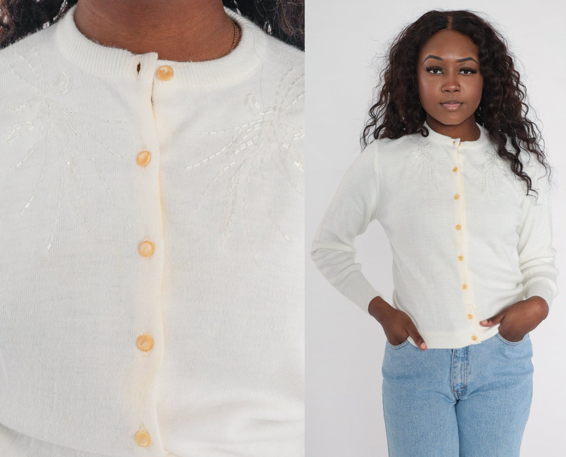 1960s Beaded Cardigan White Button-Up Knit Sweater Small