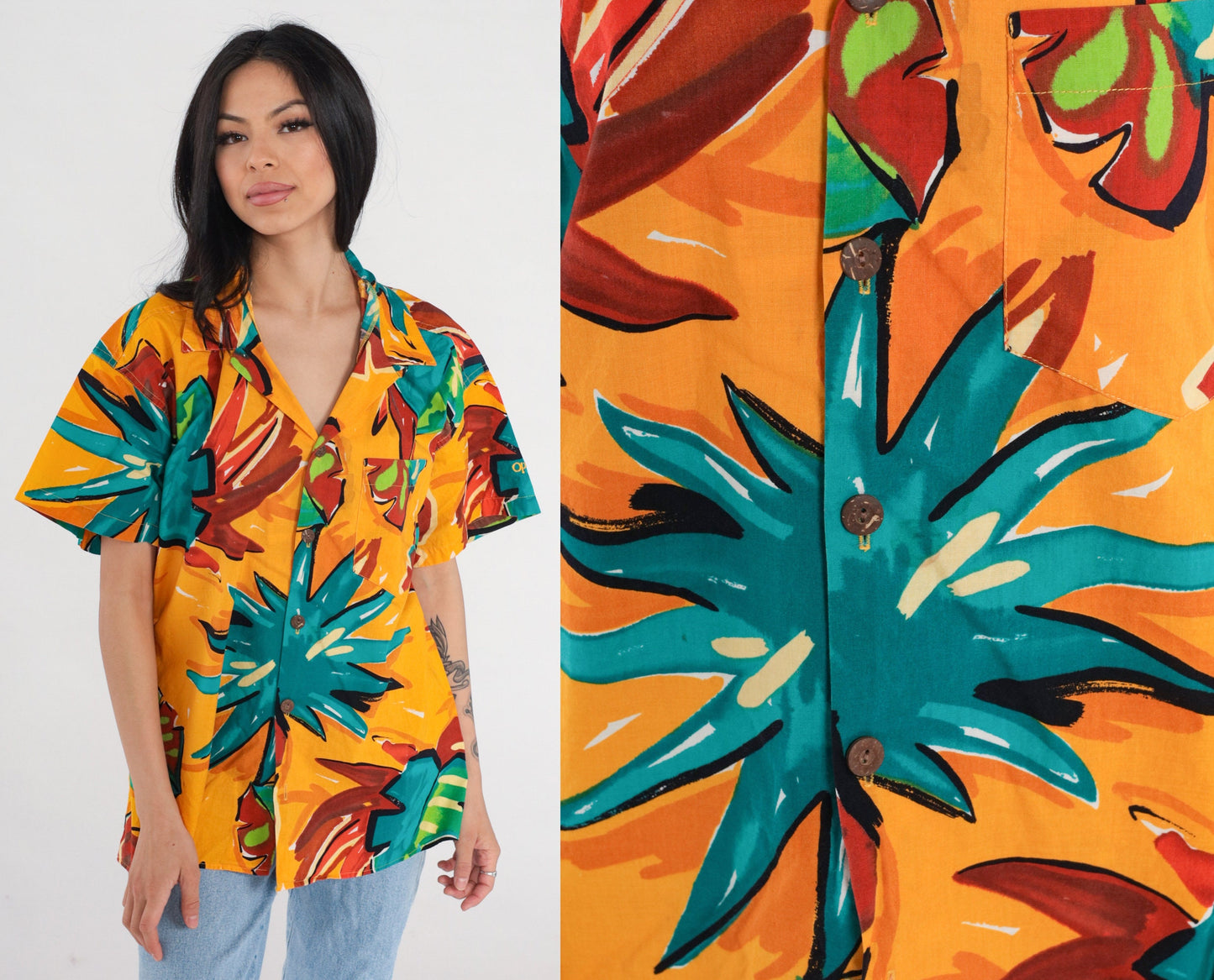 90s Yellow Tropical Leaf Print Button-Up Shirt Men's Extra Large