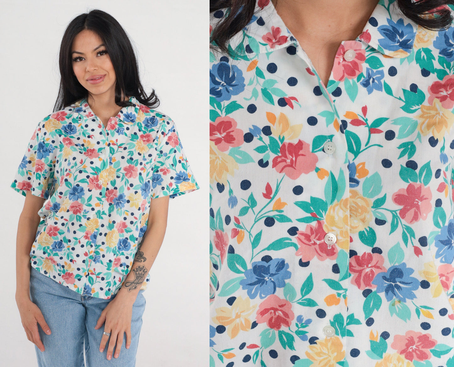 80s Floral Polka Dot Button-Up Blouse White Short Sleeve Medium M