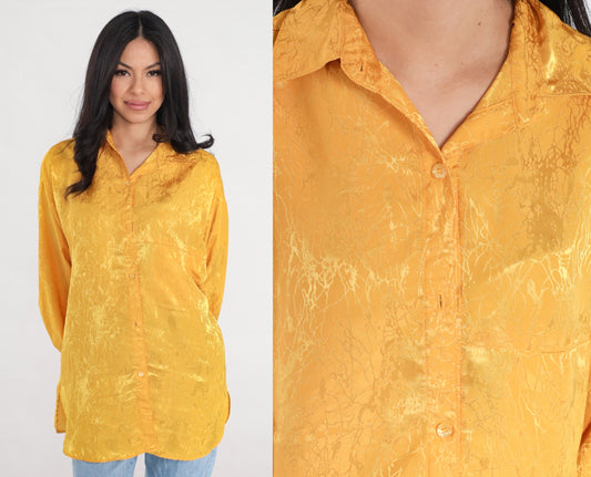 80s Yellow Embossed Abstract Button-Up Blouse Long Sleeve Collared Large L