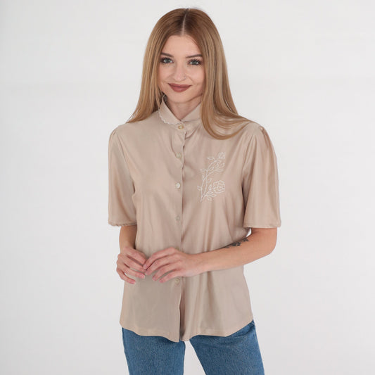 70s Taupe Puff Sleeve Blouse Peter Pan Collar Embroidered Floral Button Up Medium
