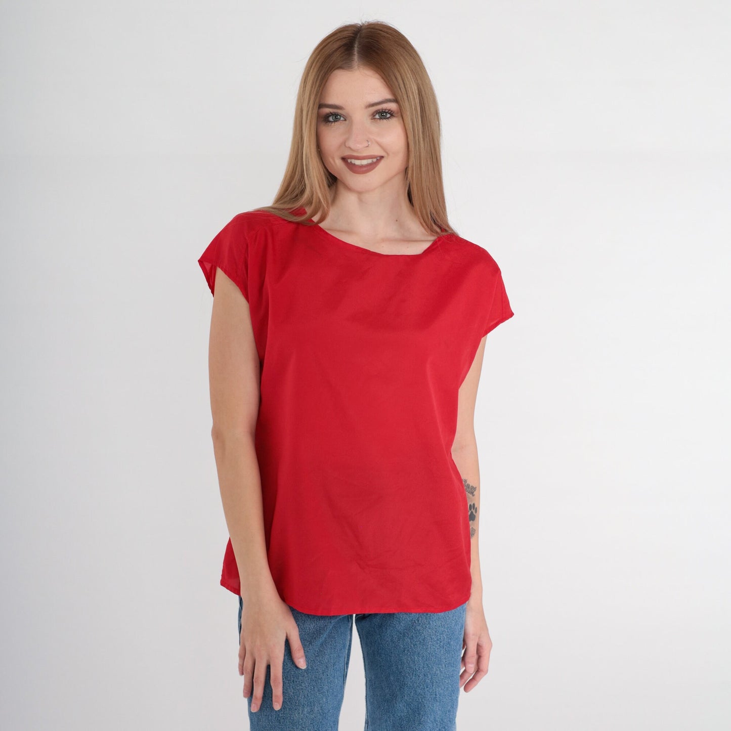 90s Red Cap Sleeve Blouse Plain Vintage Shirt Medium