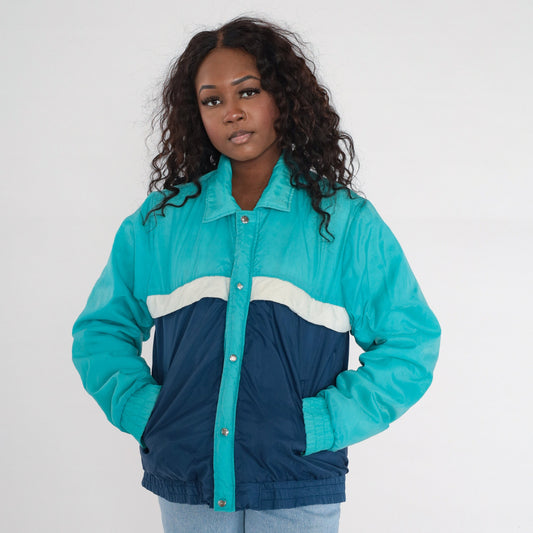 80s Colour Block Ski Jacket Blue Aqua Puffer Zip Coat Men's Medium