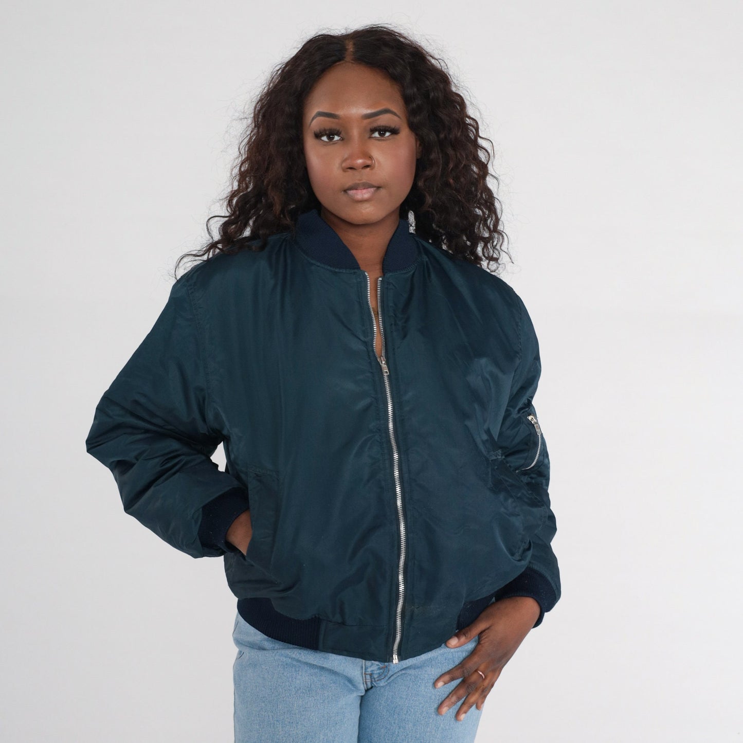 80s Navy Bomber Jacket Nylon Zip Windbreaker Knit Trim Men's Medium