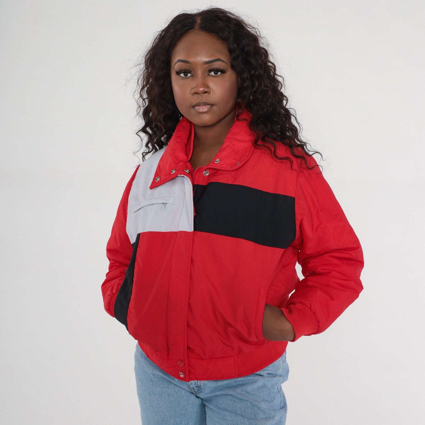 80s Trail Master Color Block Puffer Ski Jacket Red Grey Black Medium
