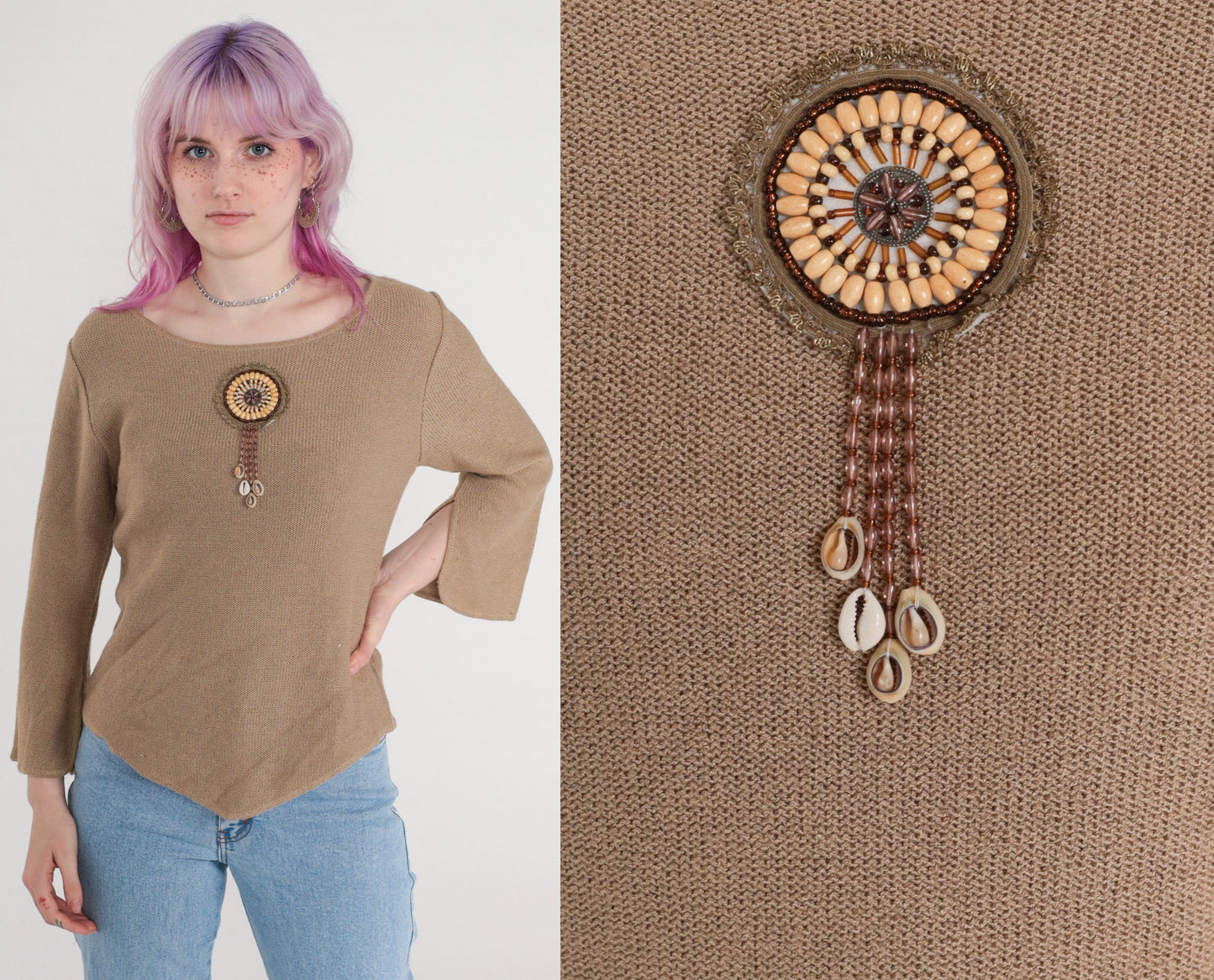 90s Taupe Knit Sweater Beaded Seashell Fringe Bell Sleeve Small