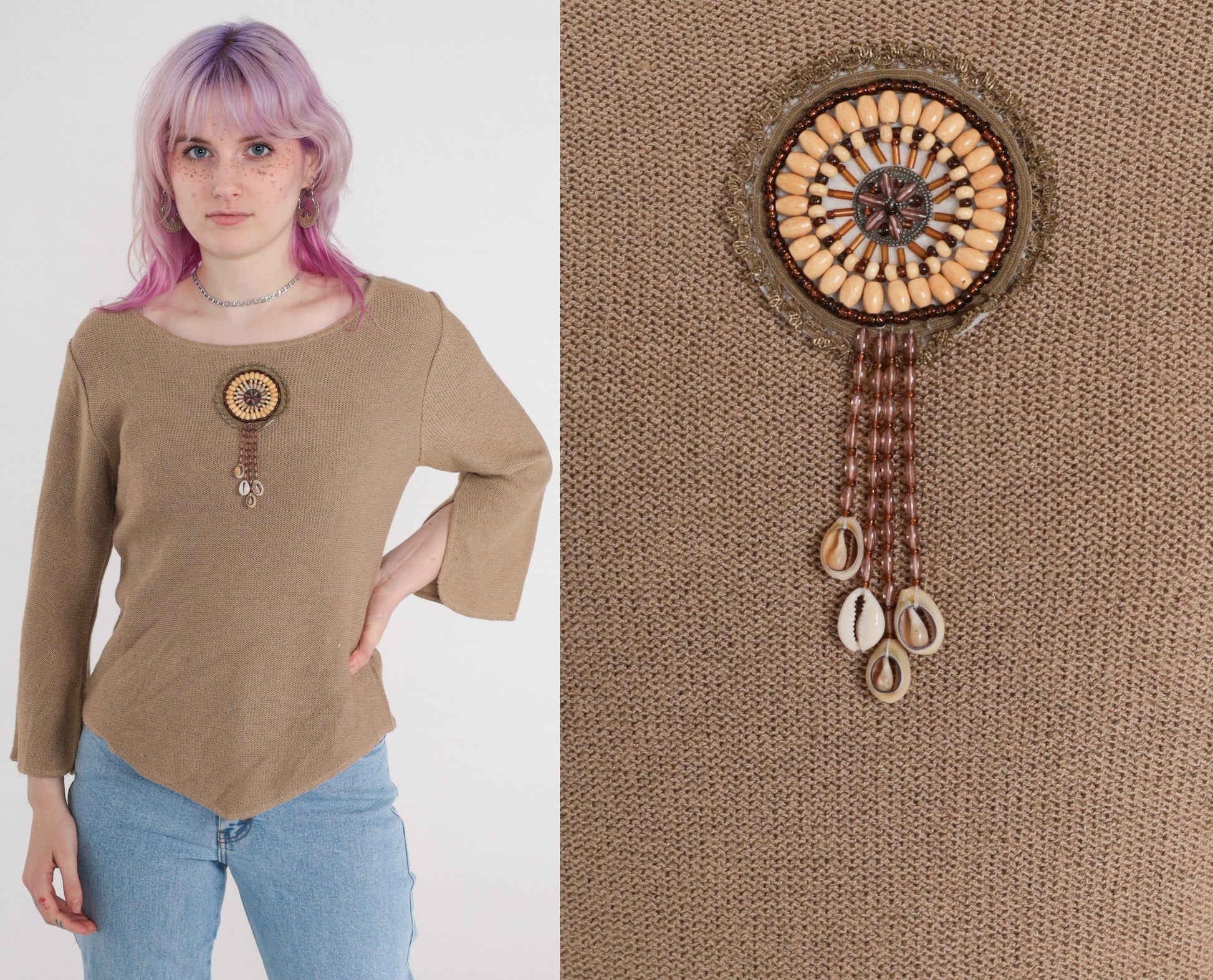 90s Taupe Knit Sweater Beaded Seashell Fringe Bell Sleeve Small