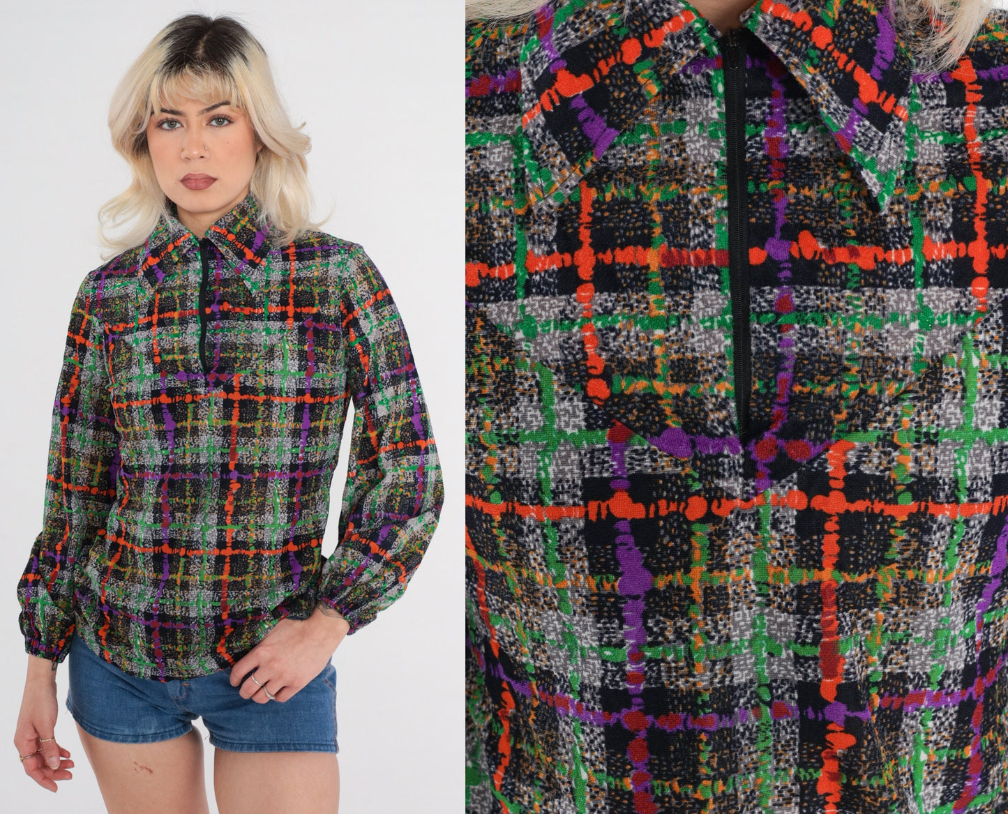 70s Panhandle Slim Checkered Zip Blouse Dagger Collar Multicolor Small S
