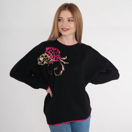 80s Black Knit Sweater Pink Purple Embroidered Floral Pullover Medium M