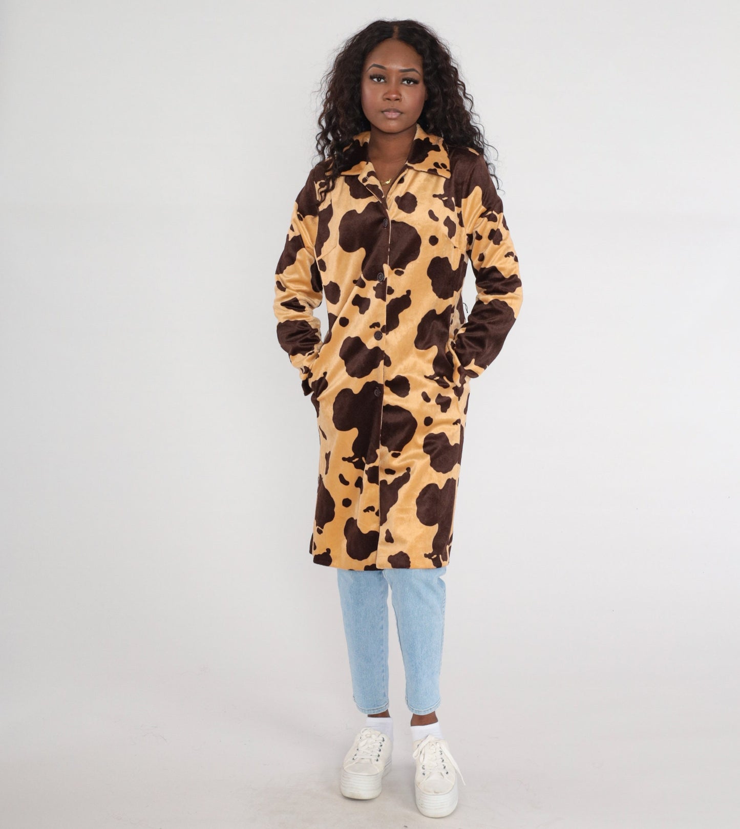 90s Cow Print Faux Fur Jacket Brown Button-Up Knee-Length Small