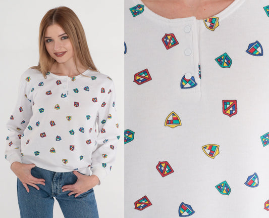 80s Crest Print Henley Sweatshirt White Snap Pullover Medium