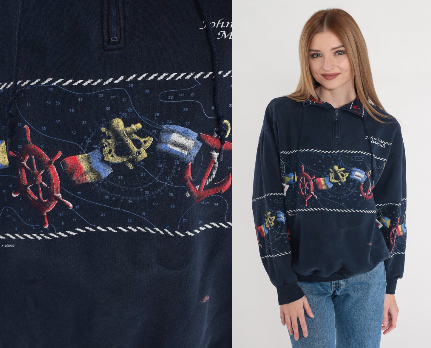 90s John Wayne Marina Celestial Quarter Zip Sweatshirt Navy Blue Medium M