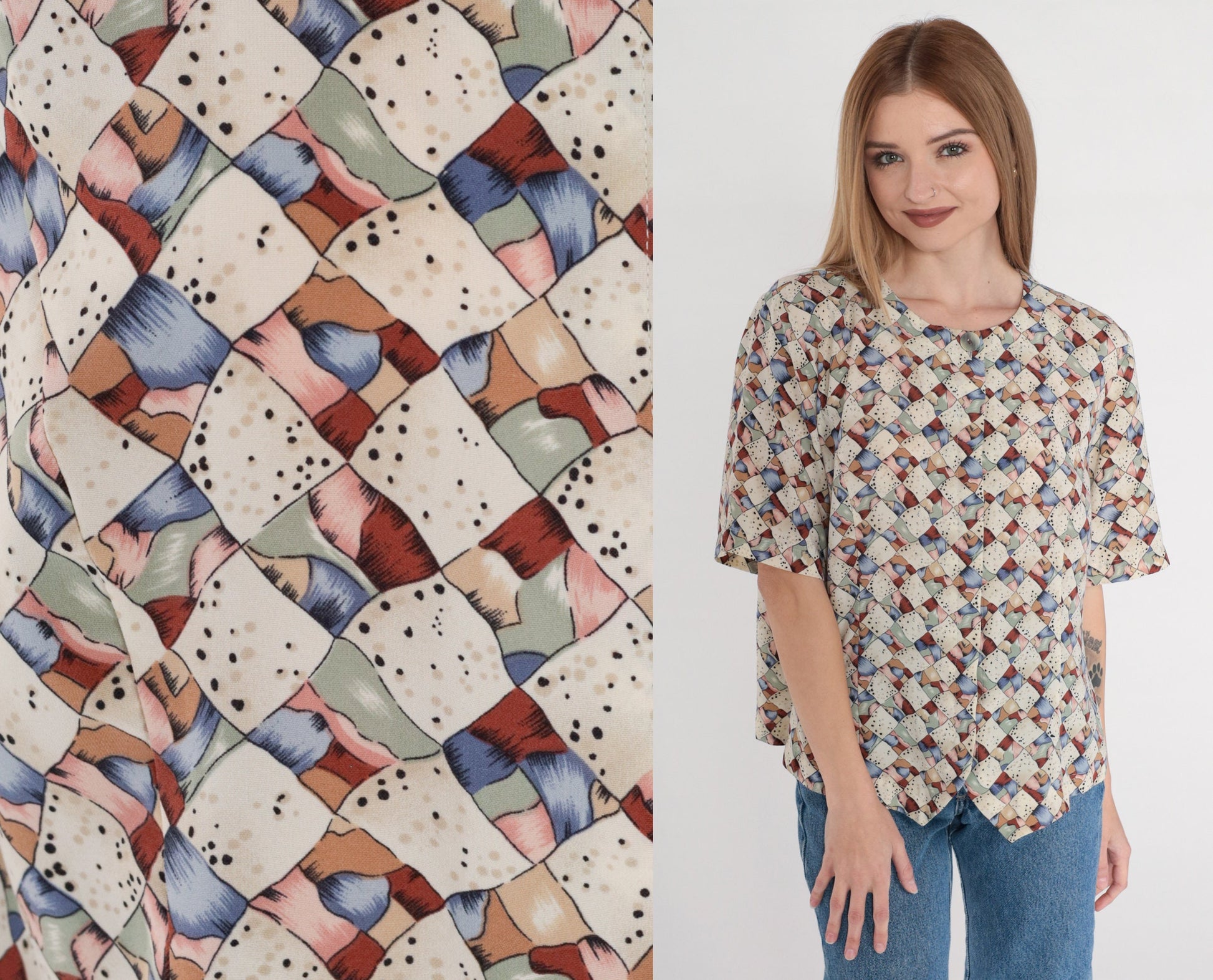Y2K Abstract Print Button-Up Blouse Short Sleeve Multicolor Op Art Top Large 12