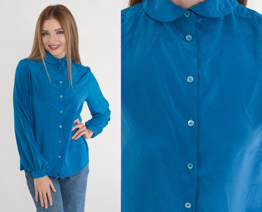 80s Blue Button-Up Blouse Peter Pan Collar Puff Sleeve Medium 8