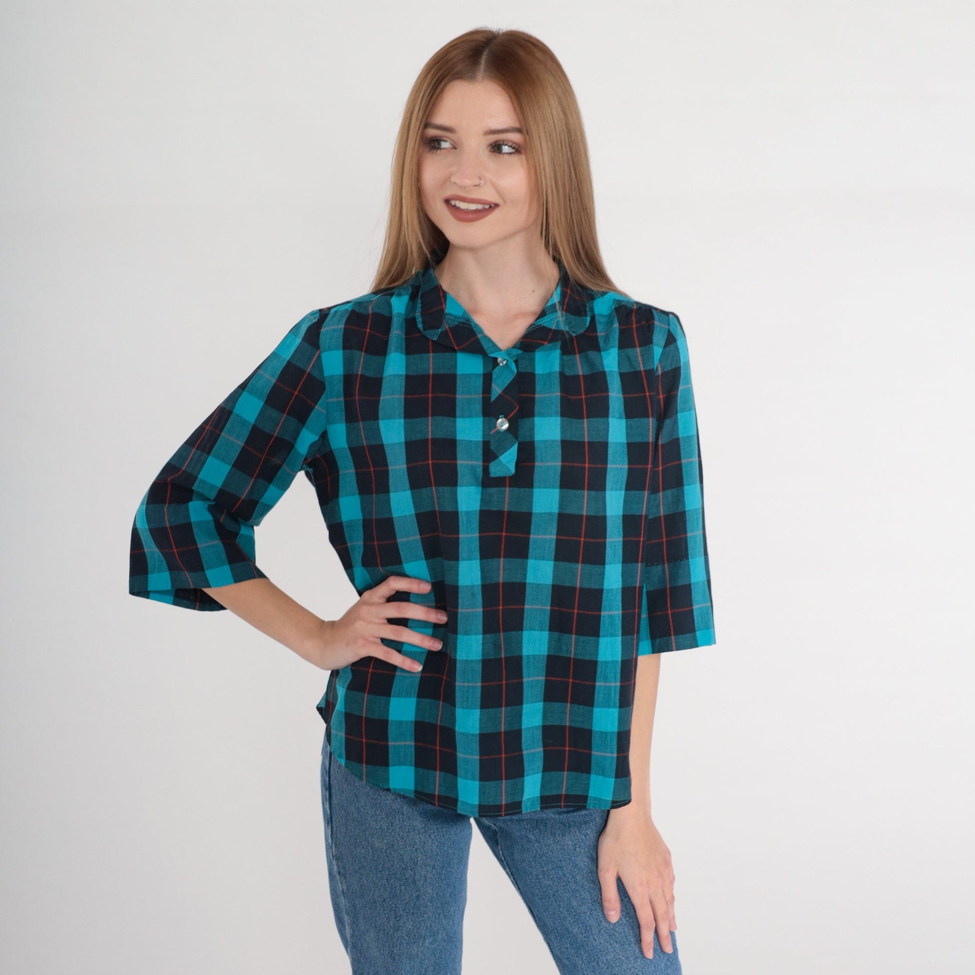 80s Turquoise Plaid Blouse Half-Button Puff Sleeve Shirt Medium M
