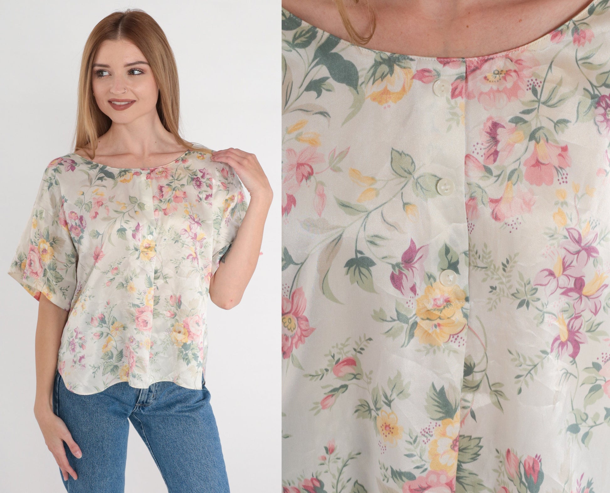 90s Barbizon Floral Satin Pajama Top Cream Half-Button Sleep Shirt Large L